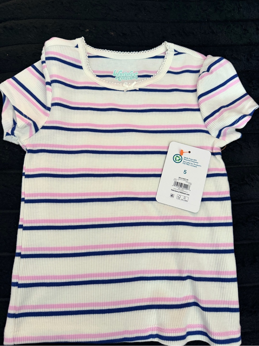 wonder nation White Tee with Pink & Navy Stripes
